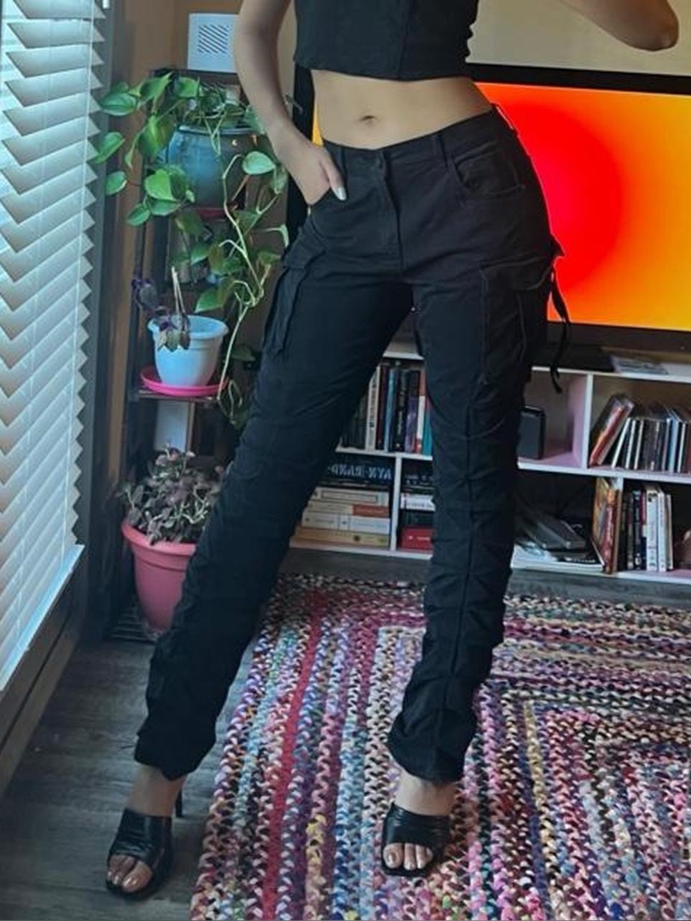 black stacked cargo jeans